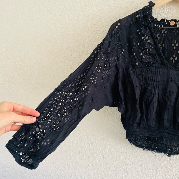 Free People Navy Eyelet Cut Out Blouse - Picture 3 of 9